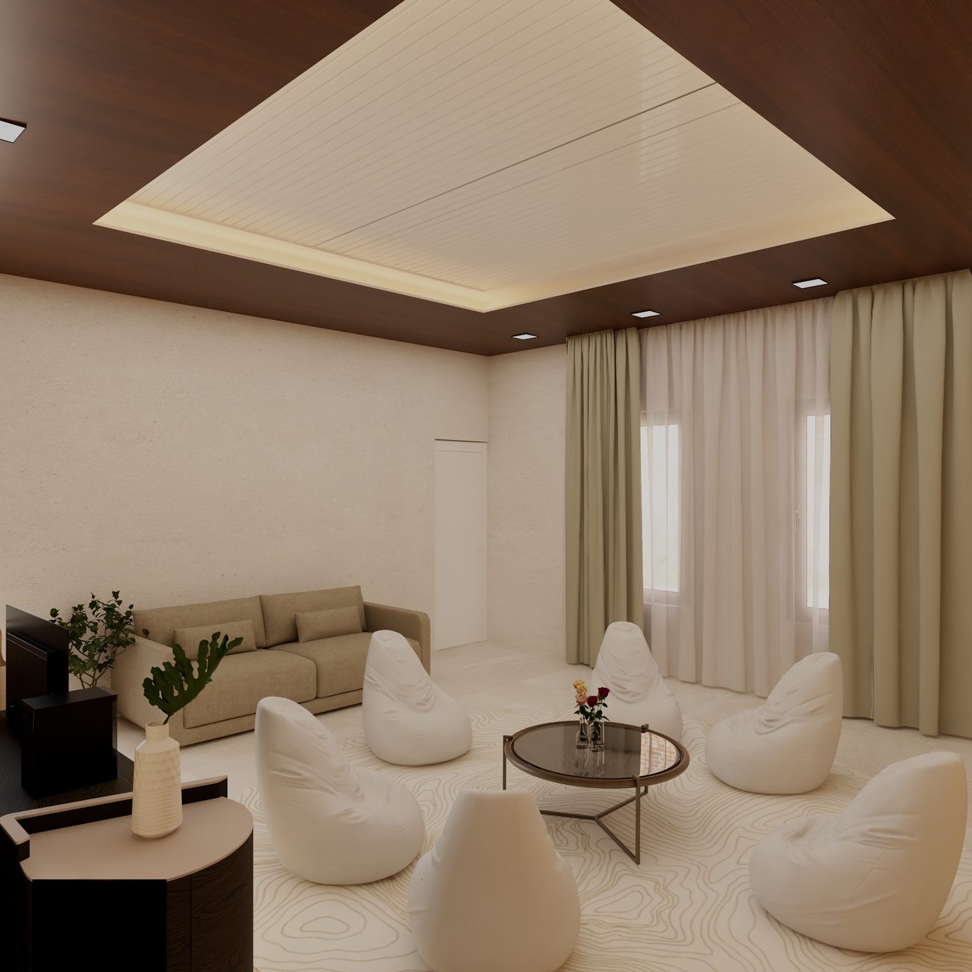 Seating arranged in a circle around a low table.