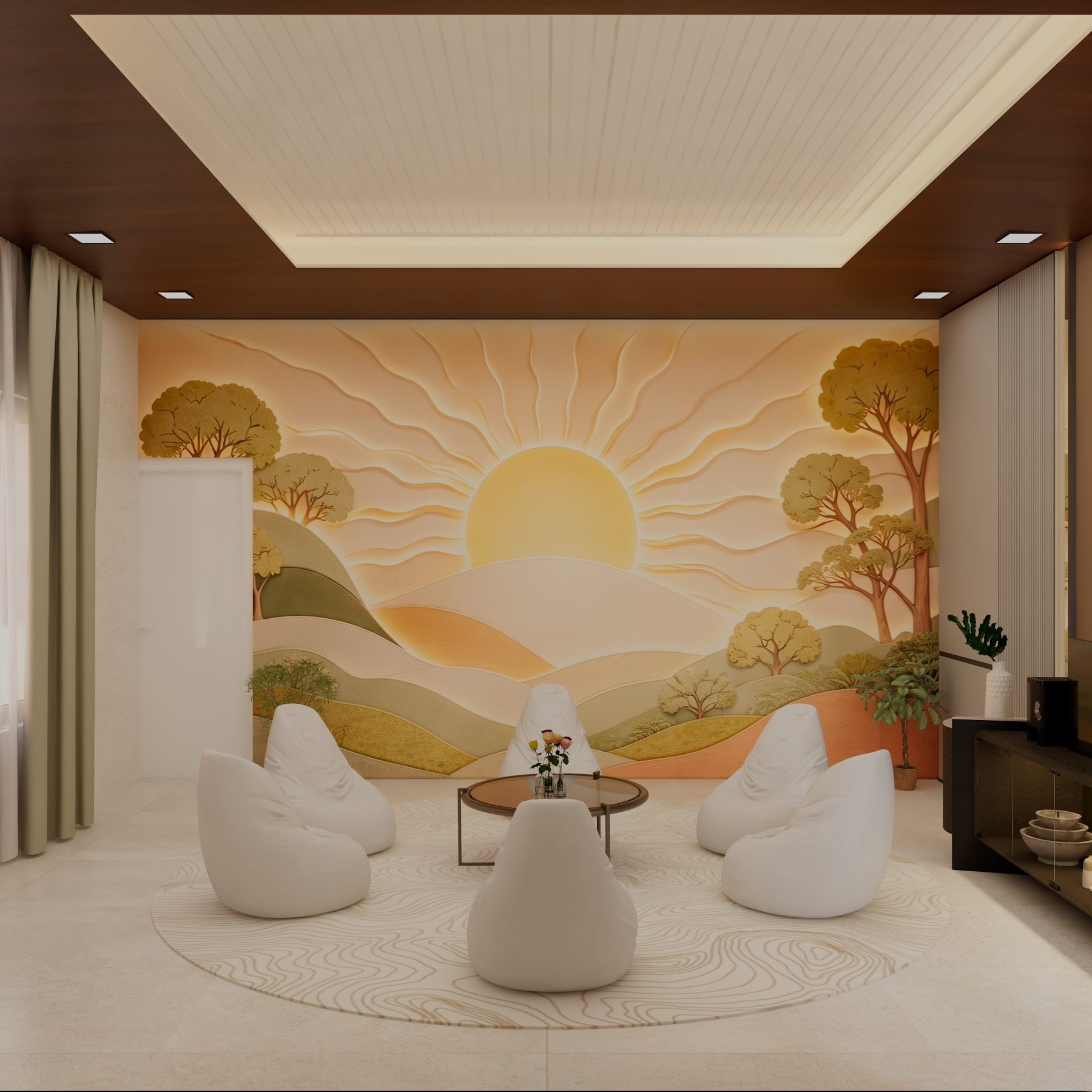 A Lythous room: daylight, a sunrise mural, low seating in a circle.